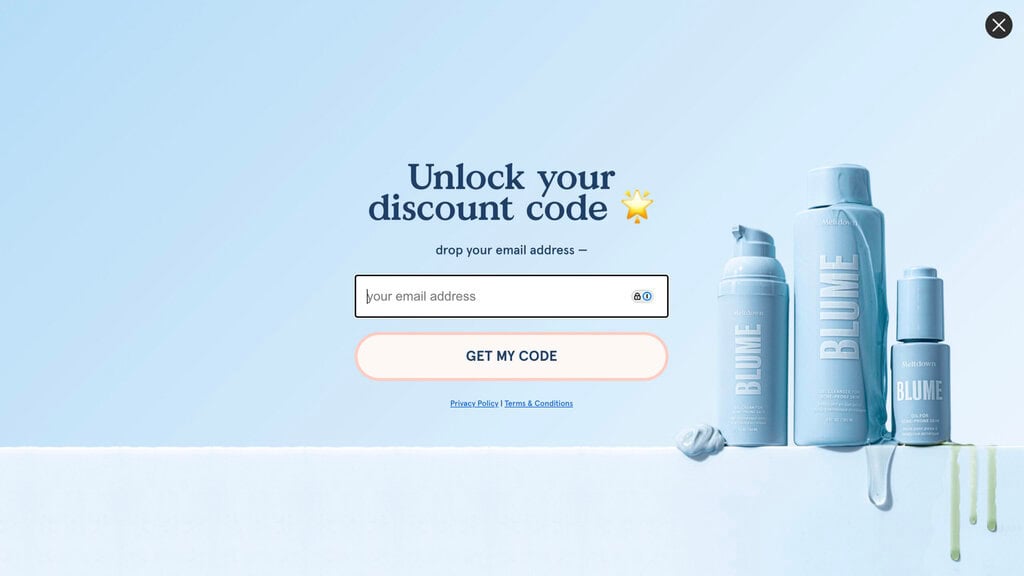 Une fen&ecirc;tre contextuelle sur le site de Blume invitant les clients &agrave; s'inscrire &agrave; leur liste de diffusion.