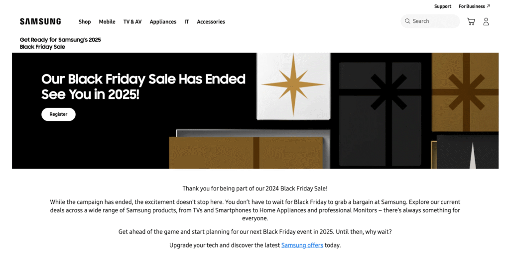 Landing page Black Friday de Samsung