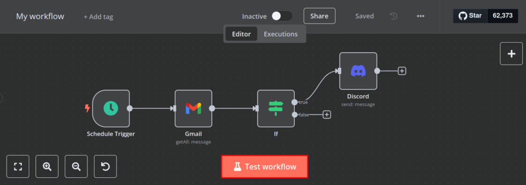 Vue du flux de travail n8n avec un bouton &laquo; Tester le flux de travail &raquo; mis en &eacute;vidence