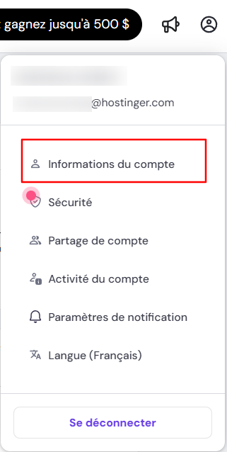 Menu déroulant du compte hPanel avec le bouton « Informations du compte » mis en évidence