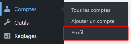 Le menu Profil dans la barre lat&eacute;rale d'administration de WordPress
