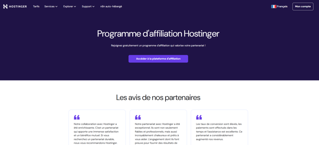 Page du programme d'affiliation de Hostinger