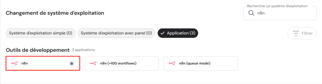 Le template n8n dans le menu de gestion du système d'exploitation de hPanel