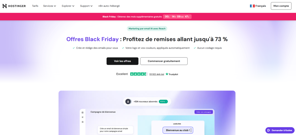 Page d'accueil Hostinger Reach