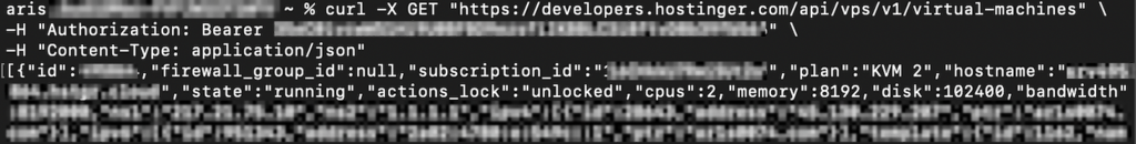 Sortie de l'appel API de la commande cURL