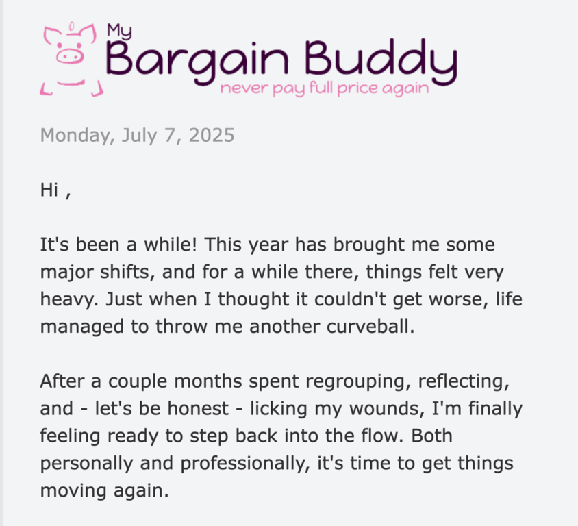 Campagne d'email marketing « My Bargain Buddy » présentant la lettre d'introduction