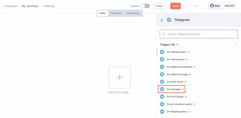 Le n&oelig;ud de d&eacute;clenchement Telegram &laquo; On message &raquo; dans n8n