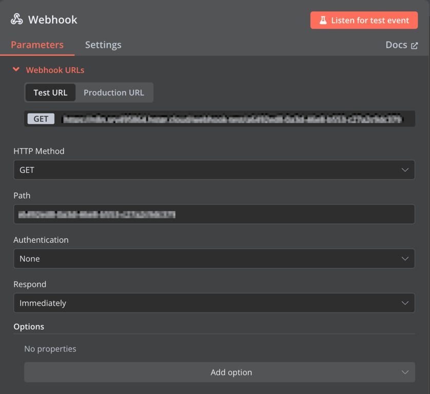 Menu de configuration du webhook n8n
