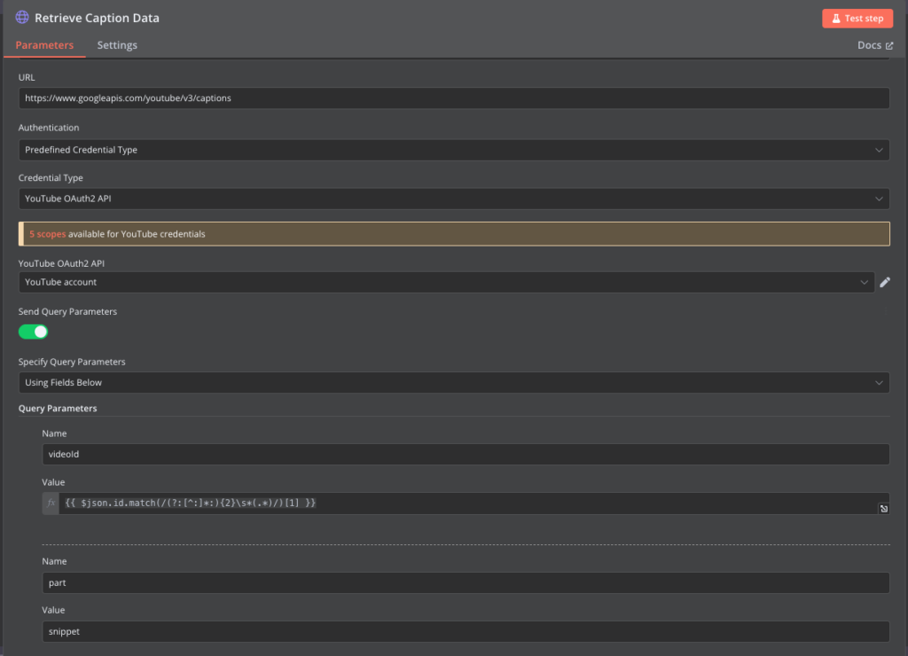 Configuration du nœud de requête HTTP YouTube dans n8n
