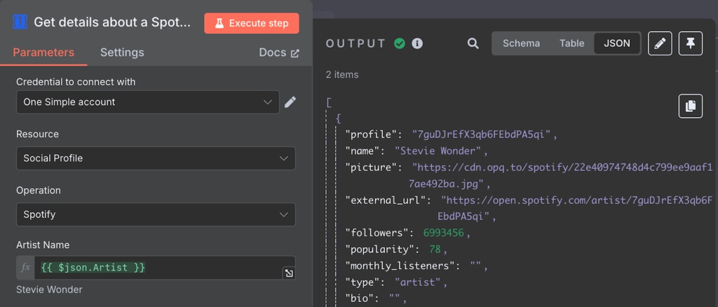 Exemple de sortie de OneSimpleAPI où il récupère des données à l'aide de l'API de Spotify