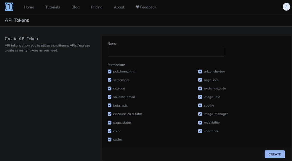 Menu de configuration des jetons OneSimpleAPI