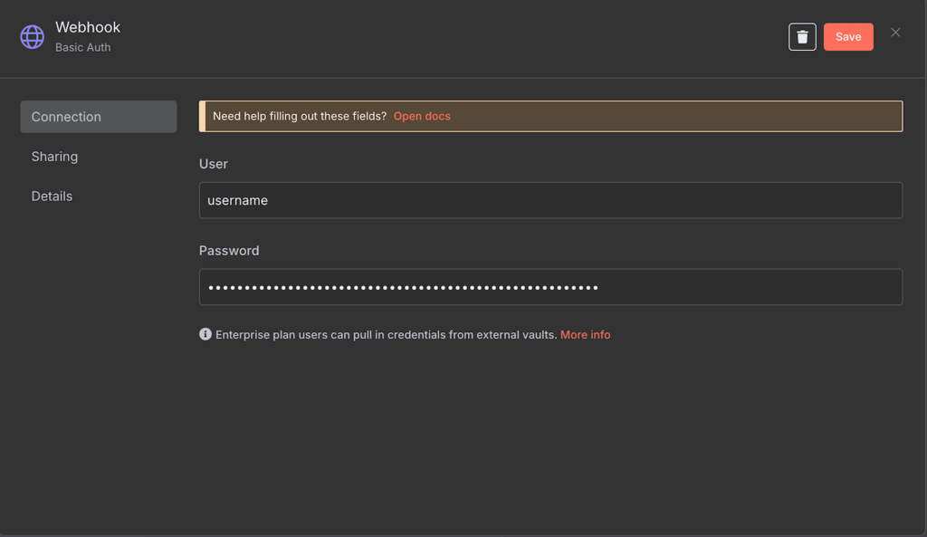 Fenêtre de configuration de l'authentification de base du nœud Webhook