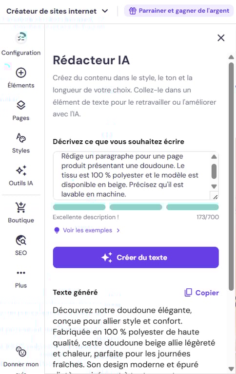 Interface du rédacteur IA dans le créateur de sites internet de Hostinger