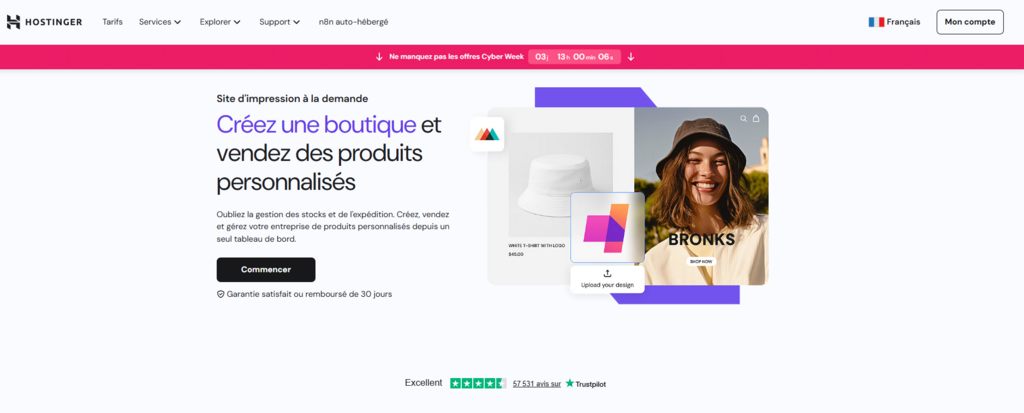 La landing page d'impression à la demande de Hostinger
