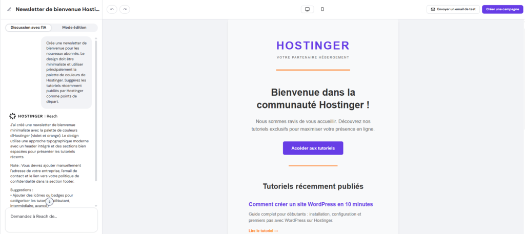 Éditeur de template Hostinger Reach