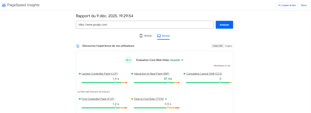 Résultat de l'analyse effectuée par Google PageSpeed Insights