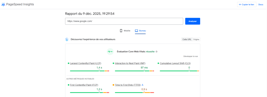 R&eacute;sultat de l'analyse effectu&eacute;e par Google PageSpeed Insights