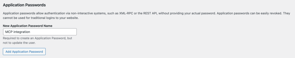 Le menu Cr&eacute;ation et gestion des mots de passe d'application sur WordPress