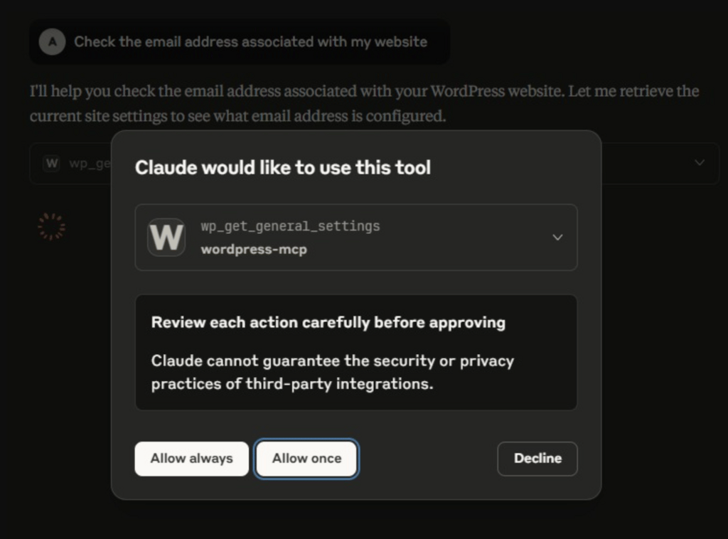Claude demande l'autorisation de modifier un site web WordPress.