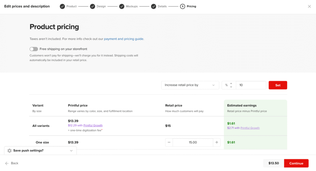 Page des tarifs des produits Printful dans Hostinger