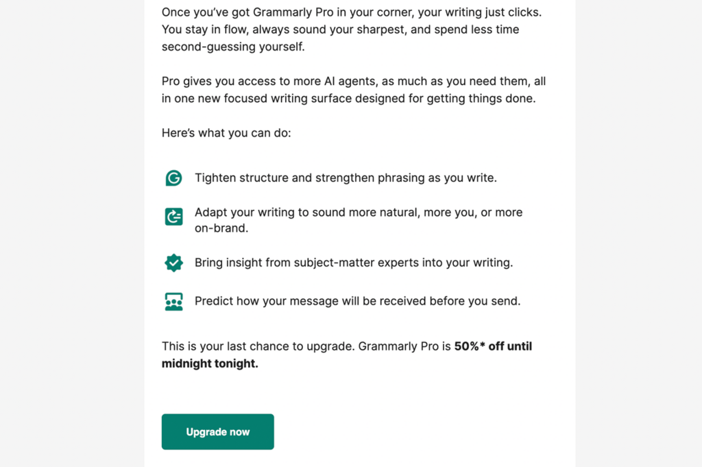 Newsletter de Grammarly affichant un CTA &laquo; Mettre &agrave; niveau maintenant &raquo;.