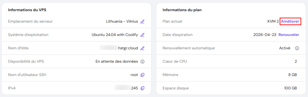 Le bouton de mise à niveau dans le VPS de hPanel