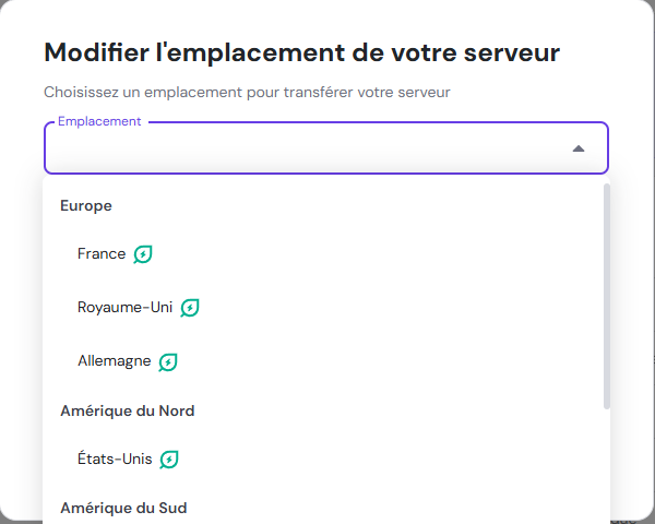 Écran de sélection du centre de données du plan d'hébergement Hostinger game panel