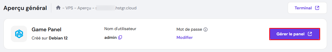 Le bouton Gérer le panel sur le tableau de bord VPS de hPanel