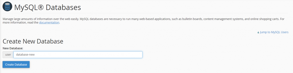 Le champ Créer une nouvelle base de données dans le cPanel