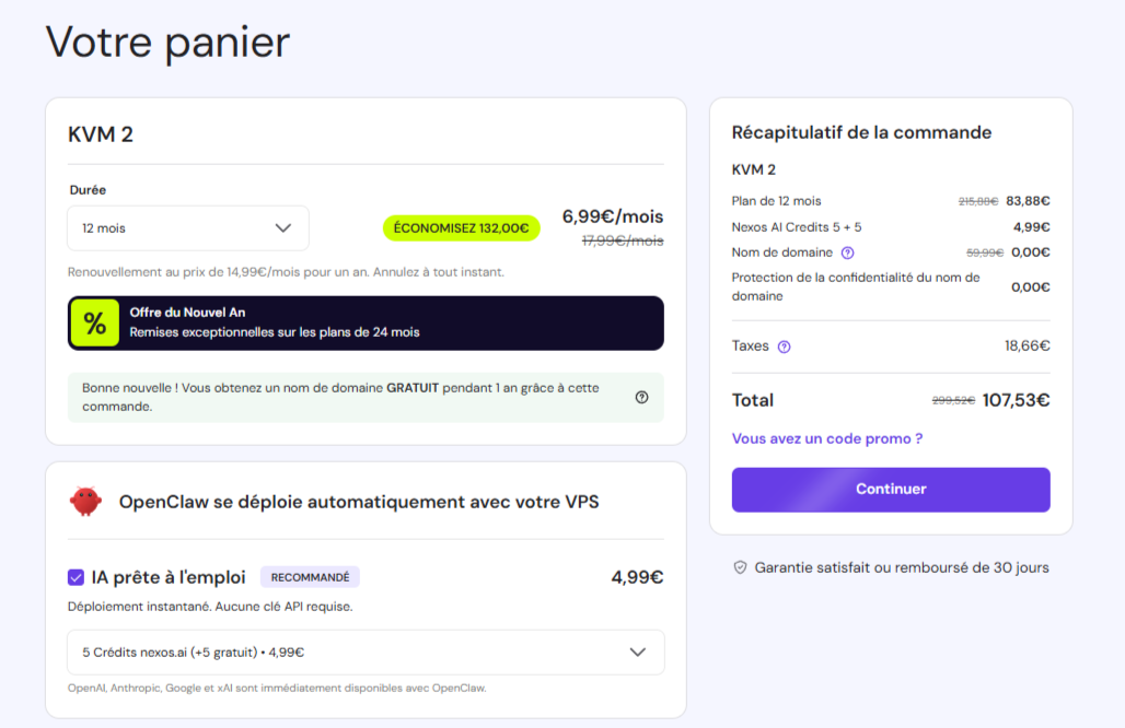 Fen&ecirc;tre du panier OpenClaw de Hostinger avec l'add-on Nexos IA cr&eacute;dits s&eacute;lectionn&eacute;