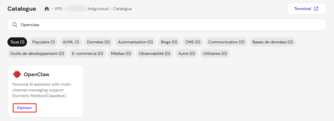 Le bouton D&eacute;ployer pour OpenClaw dans le menu Catalogue Docker de hPanel