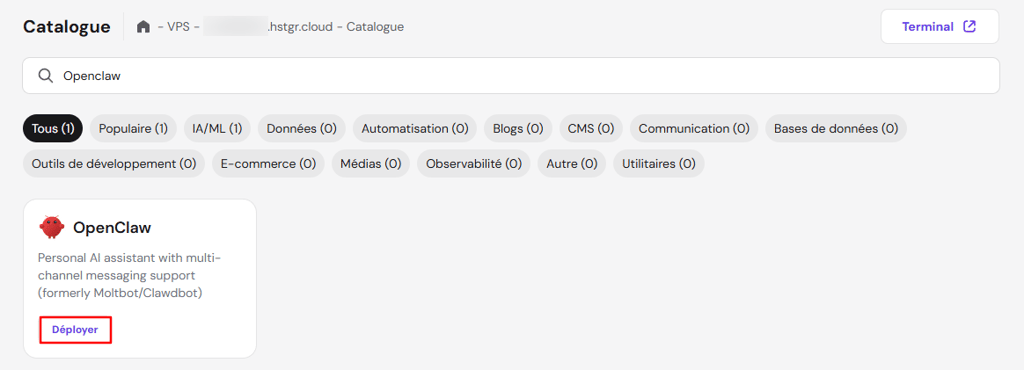 Le bouton Déployer pour OpenClaw dans le menu Catalogue Docker de hPanel
