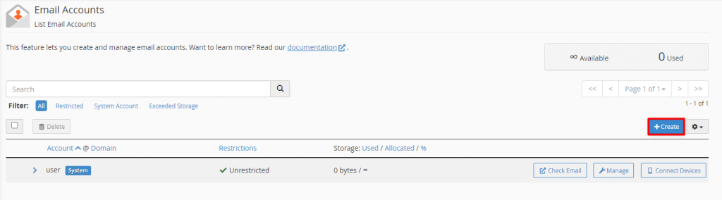 Le tableau des comptes de messagerie dans le cPanel