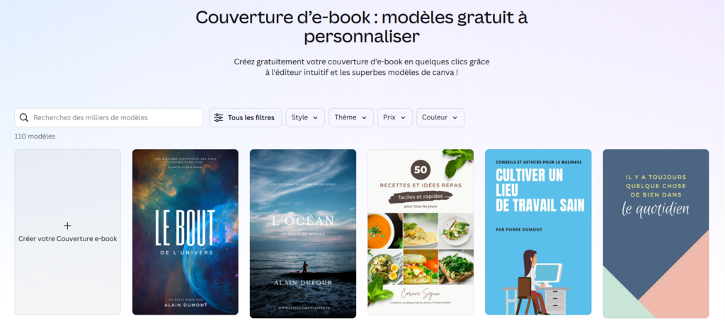 Page web de Canva présentant des templates de couvertures de livres électroniques