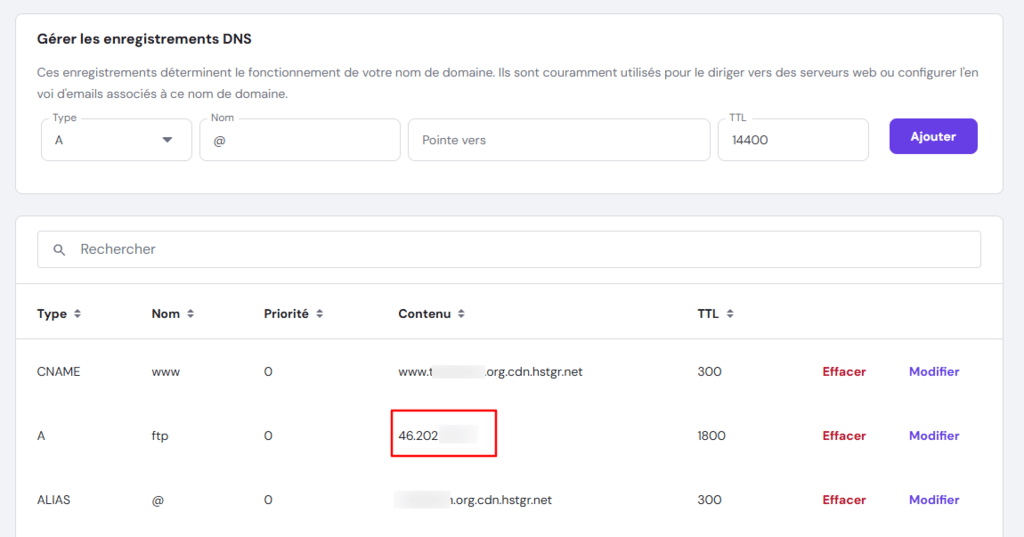 La section « Gérer les enregistrements DNS » sur hPanel