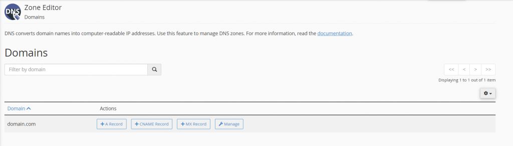 L'écran Domaines de l'éditeur de zone DNS de cPanel