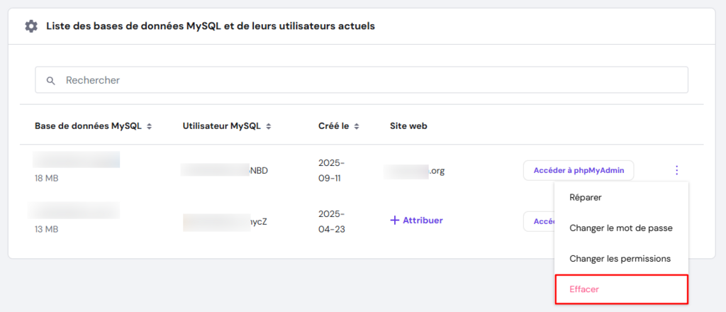 Section des bases de donn&eacute;es de Hostinger hPanel avec l'option Effacer la base de donn&eacute;es en surbrillance