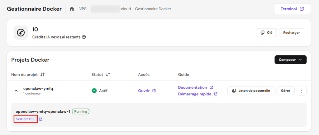 Un projet OpenClaw avec un lien pour accéder à son interface web dans le menu Gestionnaire Docker de hPanel