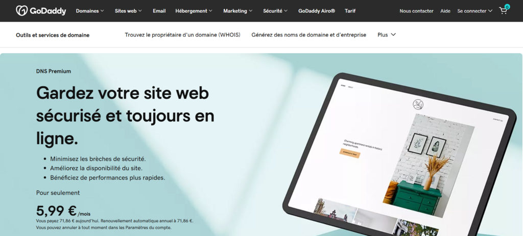 Page DNS premium de GoDaddy.