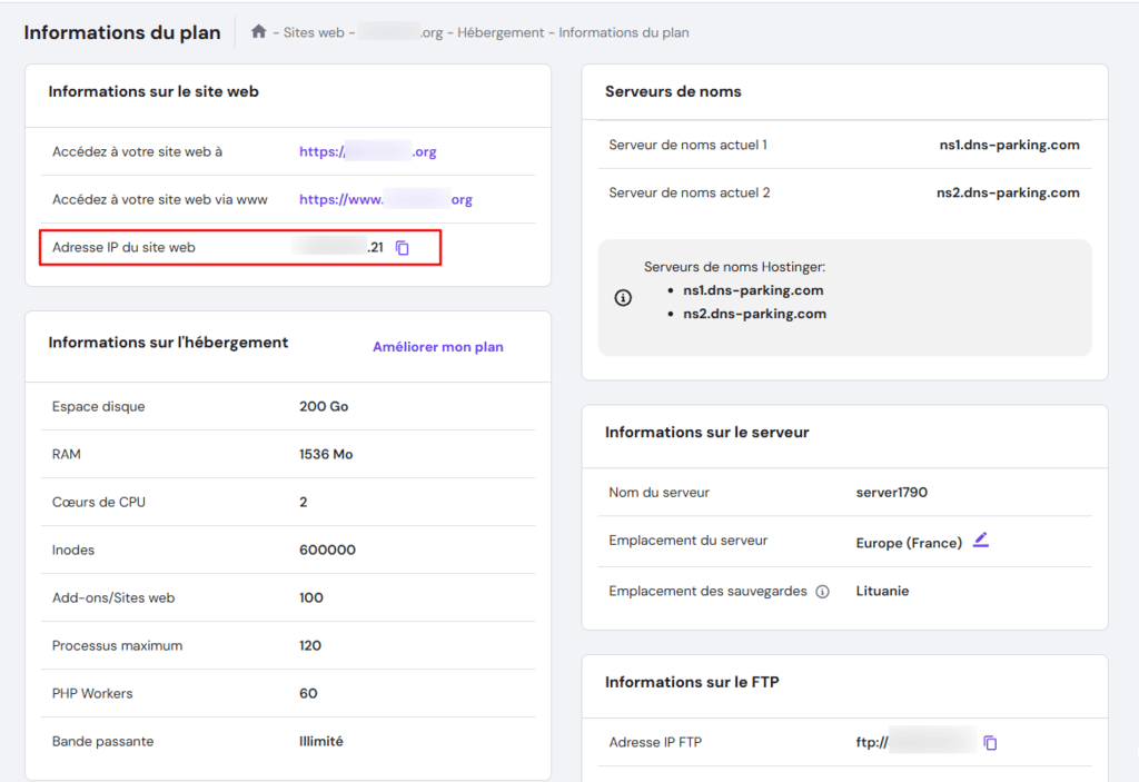 Adresse IP du site web sur hPanel