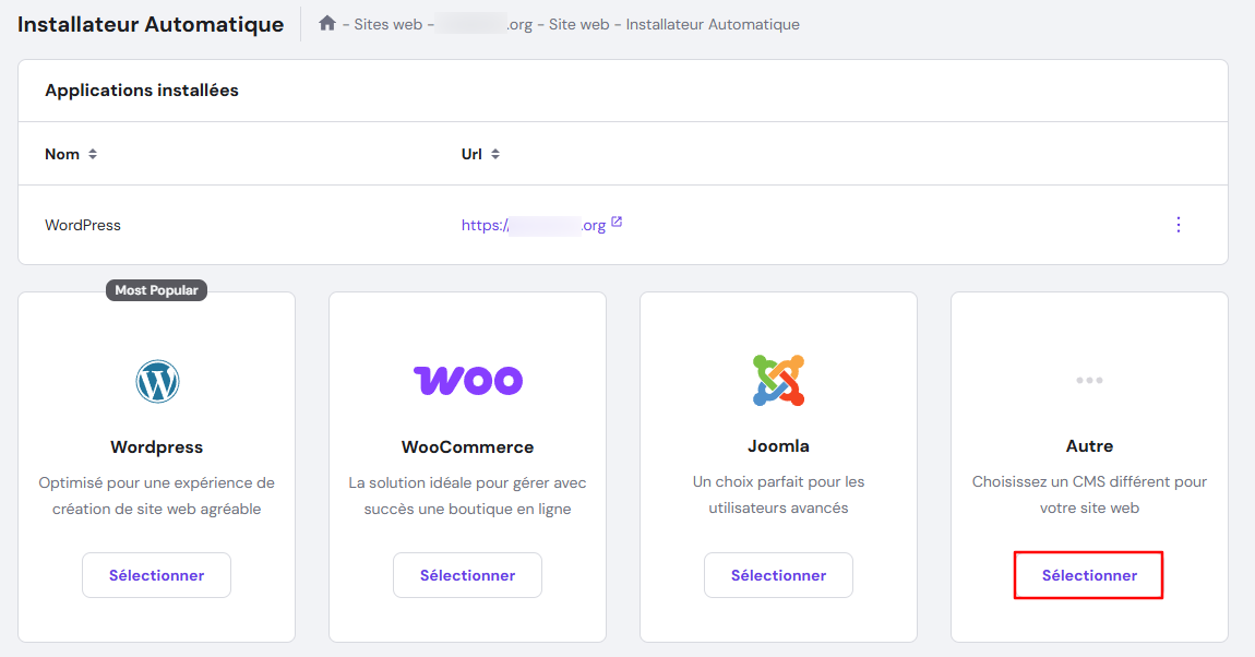 Section Applications install&eacute;es de hPanel