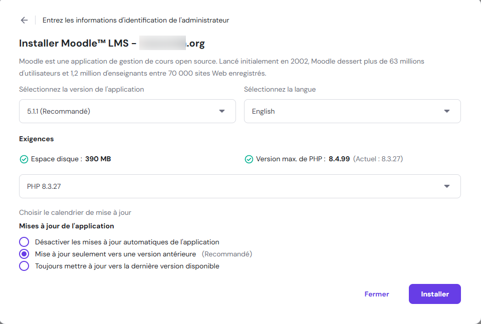 Champs obligatoires pour installer Moodle sur hPanel