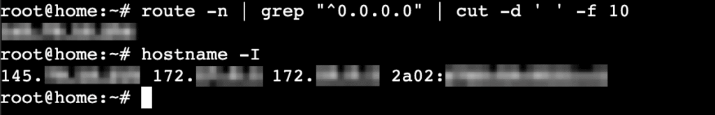 Le terminal Linux affiche l'adresse IP et la passerelle par d&eacute;faut du syst&egrave;me actuel.
