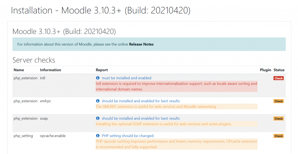 Rapport d'activation de l'extension Intl PHP pour l'installation de Moodle