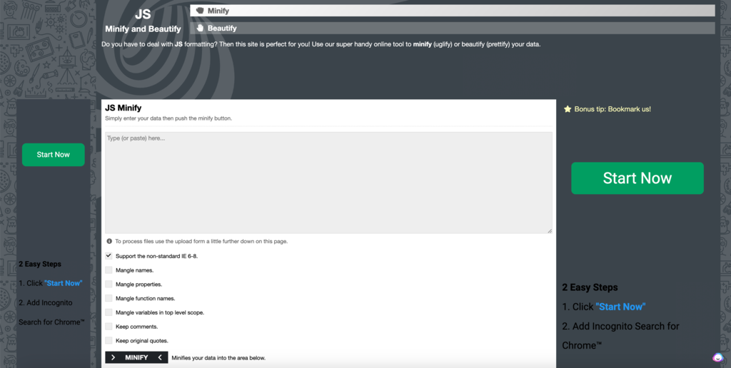Page d'accueil de l'outil d'optimisation JavaScript, UglifyJS