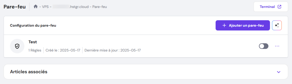 Menu de configuration du pare-feu dans hPanel