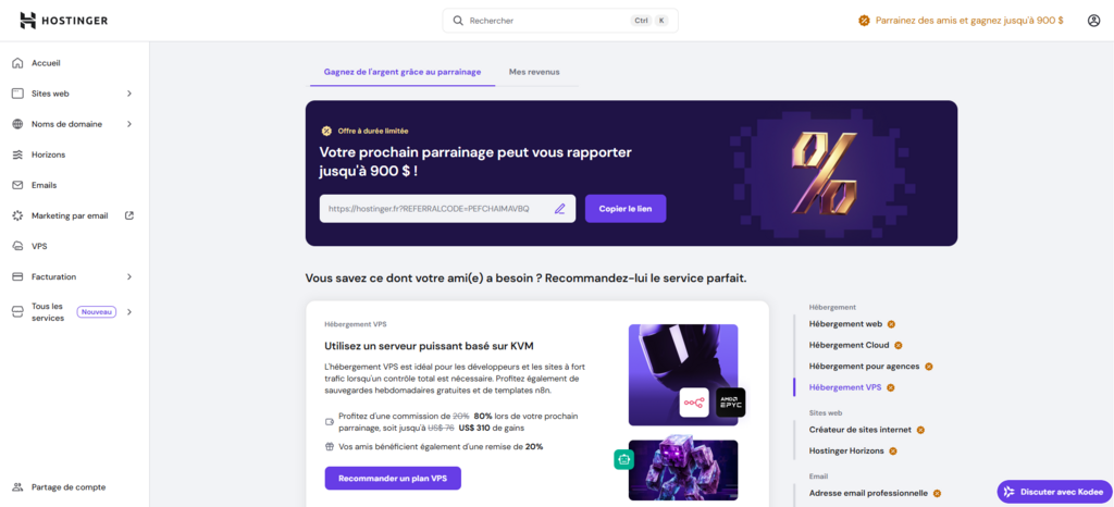 Page du programme de parrainage Hostinger dans hPanel 