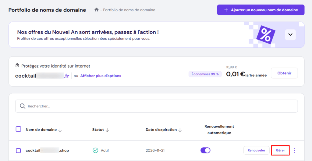 Gérer un nom de domaine sur hPanel