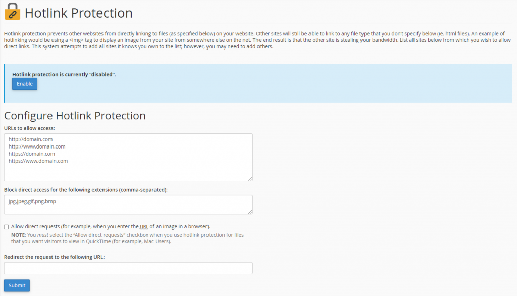L'écran de configuration de la protection contre les liens hypertextes dans cPanel