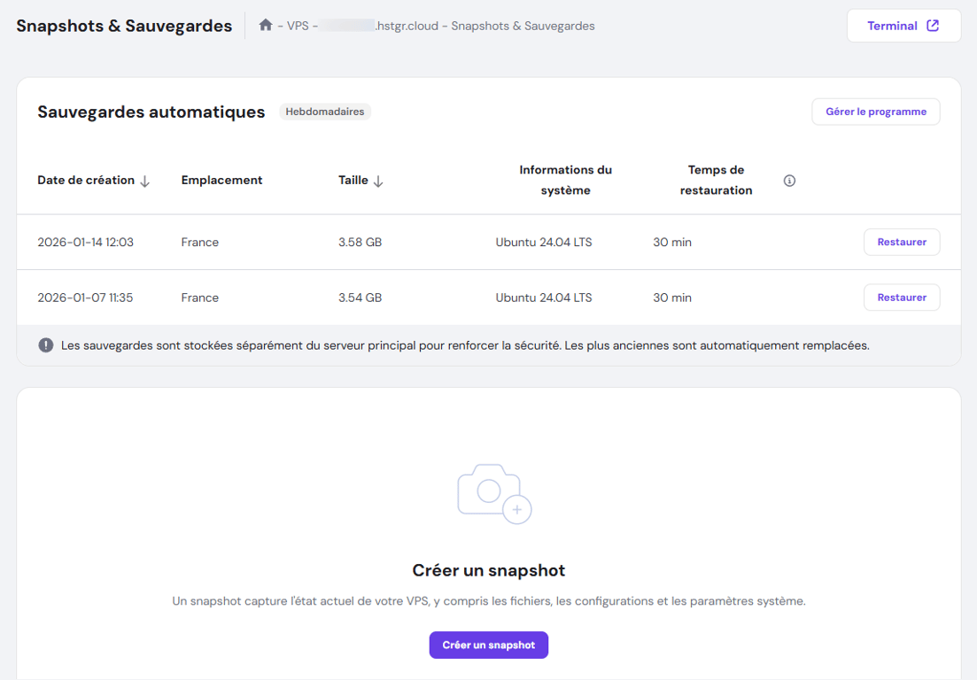 Le menu Snapshots & Sauvegardes dans le VPS de hPanel
